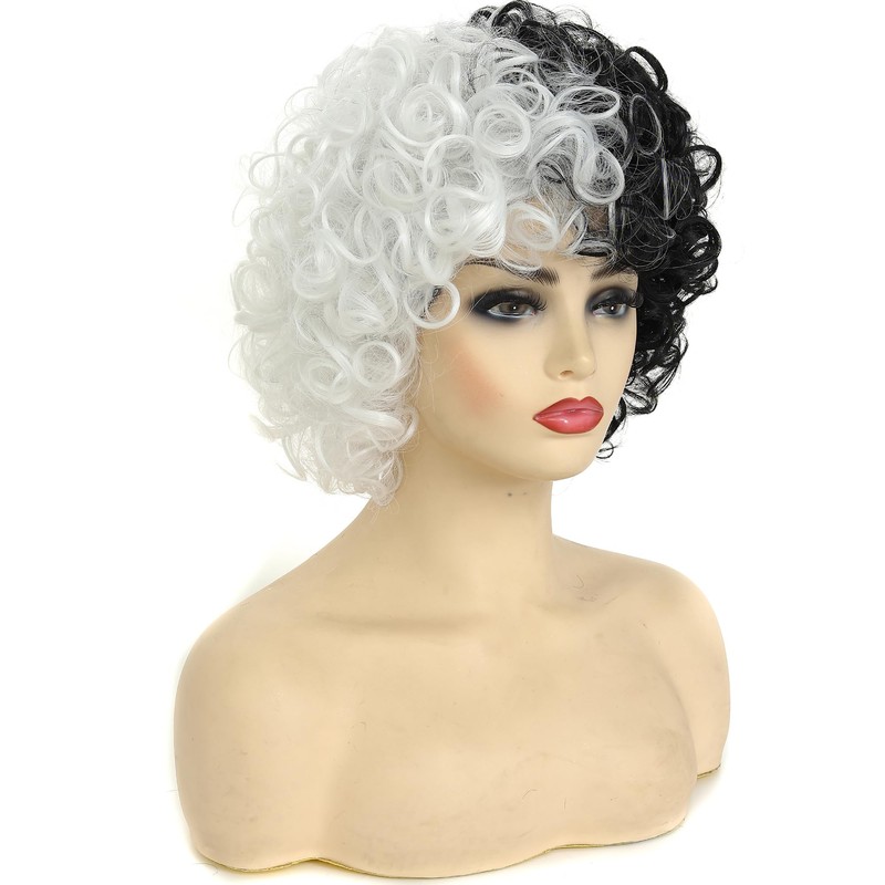 Short Curly Wig Black and White Wavy Hair Curly Wig