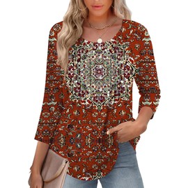 Zeagoo 3/4 Length Sleeve Top for Women Womens Tops Dressy Casual Crew Neck Spring Summer Fall Casual Tee Lightweight Loose Fit Blouse Red