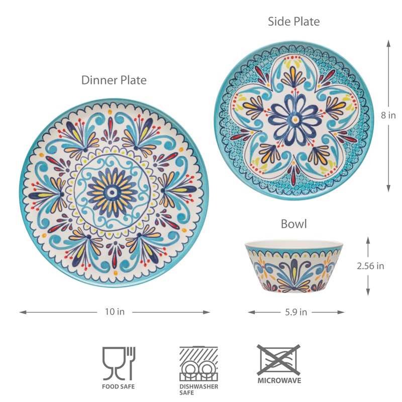 Bzyoo 12-Piece Melamine Dinnerware Set - Madallion | Lightweight, Durable,