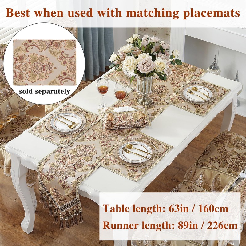 kilofly Elegant Floral Brocade Jacquard Table Runner Tassels (96 x