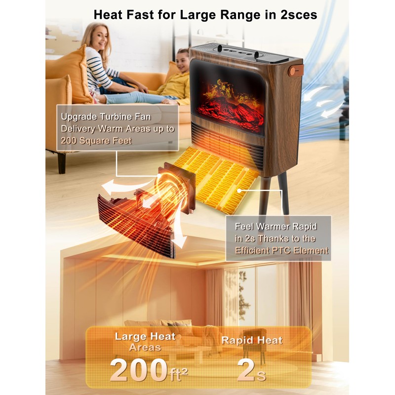 Electric Fireplace Heater with 3D Realistic Flame, Humidifier, Thermostat, Safety