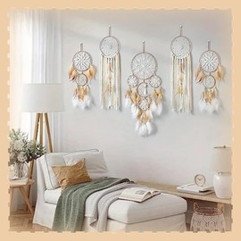 PACIOCEAN Dream Catchers Wall Hanging Set, Moon and Sun Design, Handmade Feathers, Boho Room Decor, Brown, 5 Pieces