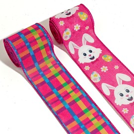 HIENAJ 2 Rolls 2.5" × 5 Yd Easter Ribbon Easter Bunny Easter Egg Wired Ribbon Colorful Buffalo Plaid Ribbon for Spring Wreath DIY Crafts Bows Making Gifts Wrapping Easter Party Decoration