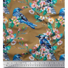 Soimoi Brown Velvet Fabric Bird,Leaves & Flower Floral Print Fabric by Yard 58 Inch Wide