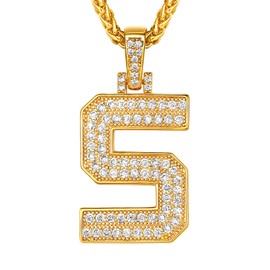 Micropave Simulated Diamond Iced Out Bling Necklace, 18K Gold Plated Cubic Zirconia S Alphabet Initial Letter Pendant Chain Necklace, Mens Hip Hop Bling Pendant Jewelry