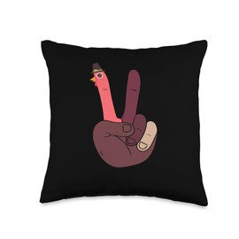 Turkey Meat Thanksgiving Shirt Pilgrim Costume Thanksgiving Day Turkey Hand Peace Sign Funny Food Dinner Throw Pillow, 16x16, Multicolor