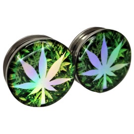 Pierced Republic Holographic Pot Leaf Stainless Steel Ear Plugs - Screw-On Back Gauges - 12 Sizes - Pair (1" (25mm))