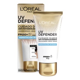 LOral Paris UV Defender Protector Solar Facial FPS 50 Antibrillo con cido Hialurnico, Previene Arrugas y Manchas, 40 ml                               