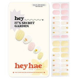 Heyhae Semi Cured Gel Nail Strips No Lamp Needed - It’s Secret Garden | No UV Light Needed | Salon Quality, Easy Apply & Remove | 28 Strips, 1 Prep Pad, Nail File, Wooden Stick | Yellow Floral