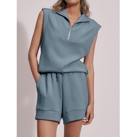 Glamaker Women's Two Piece Short Sets Summer Lounge Sweatsuits Air Essentials Sleeveless Outfits Travel Tracksuit, Blue Grey, Large