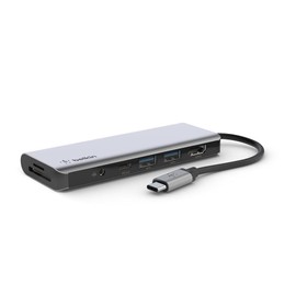 Belkin 7'si 1 Arada Çok Bağlantı Noktalı USB C Hub (4K HDMI, USB-C, 2 x USB A, 3,5 mm Ses, SD 3.0 Yuvası için micro-SD 3.0 ile)), AVC009BTSGY