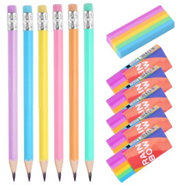 Rubbers and Pencils Set, 12 Pcs Plastic 2B Eraser and Triangle Pencil, Cute Rubbers/HB Pencils with Rubber/Pencil Eraser for Kids School Home Office Handwriting and Drawing (Colored)