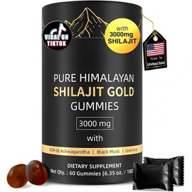HWAXIGO 3000mg Himalayan Shilajit Gummies Gold for Men & Women - Organic & Natural with 85+ Essential Minerals & Fulvic Acid - Non-GMO - 100% Natural & Organic (1 Bottle/60 Gummy)