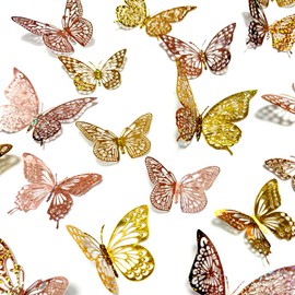 JOSDIOX Reflective Dot - Patterned Gold & Gold Rose Gold 3D Butterfly Wall Stickers: 24 Pcs | 4 Styles | 3 Sizes - Removable Decor for Kids' Nurseries, Weddings, Cakes & Birthday Parties (Golden/Rose)