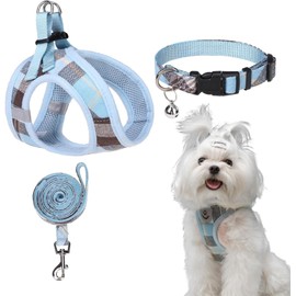 Dog Harness, Collar, Lead Set, Chest Harness, Check Design, Handle Included, Mesh Material, Gentle on Body, Vest, Reflective Material, Adjustable, Walking, Easy to Put on and Take Off, Pull