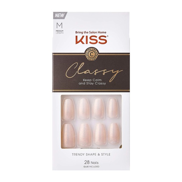 KISS Classy Nails Collection Cosy Meets Cute Medium Long Coffin False Nails - Contains 28 False Nails, Nail Glue, Nail File and Manicure Sticks