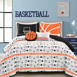 Lush Decor Basketball Game Reversible Quilt Set, 5 Piece Set, Full/ Queen, Black & Orange - Soft Teen Bedding Set - Basketball Decor - Sports Quilt - Kids Bedroom Decor