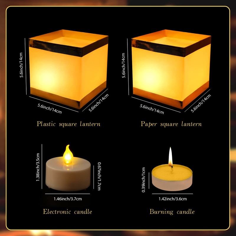 FuHigh 40Pack Paper Floating Water Lanterns,Gold+White Square Memorial Candle Lantern,Table