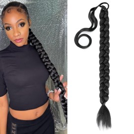 BOBIYA Long Braided Ponytail Extension 30 Inch Pre stretched Braiding Hair Extensions DIY Braid Ponytail Natural Soft Ponytails (Natural Black)