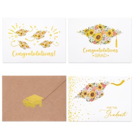 Crisky 12 Pack Happy Graduation Cards, College Graduation Card for Him or Her, 3 Assorted Flowers Grad Card(White and Gold), Congratulations Graduate Card (Flower Graduation Cap (Gold))