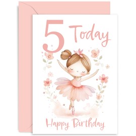 5th Birthday Card for Girl - Daughter Birthday Card Age Five - Milestone Baby Greeting Cards 5 Year Old - Cute Pink Ballerina Girl Birthday Card for Kids - Ballet Fifth Bday