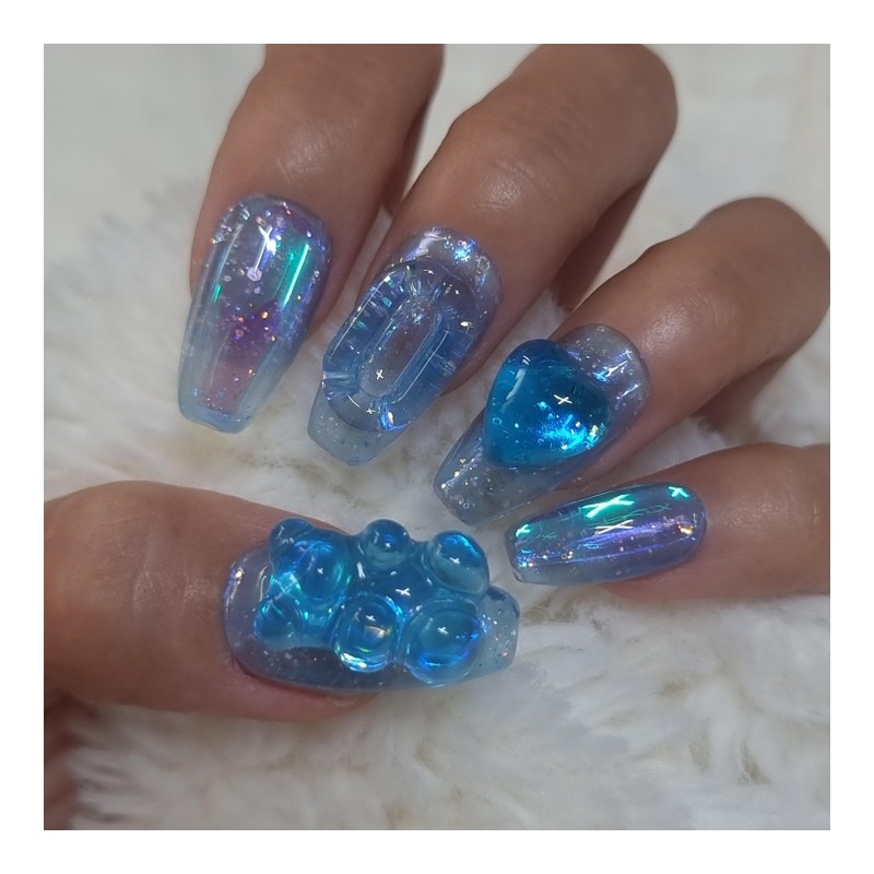 Transparent blue tangle bear uruuuru handmade nail tip - short