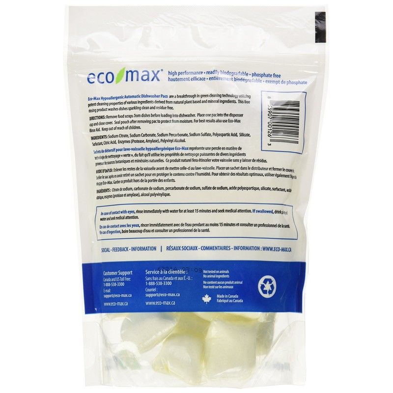 Eco-Max Hypoallergenic Automatic Dishwasher Pacs 20 count, Scent Free