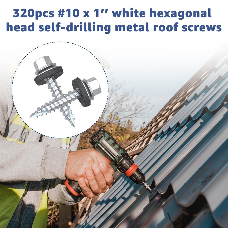Metal Roofing Screws 320Pcs 10 x 1inch, Hex Head Sheet