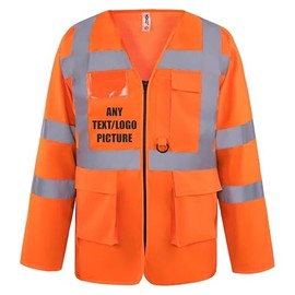 Custom Printed Yoko Premium Orange Hi-Vis Zipped Long Sleeve Safety Vest with Pockets – High Visibility Workwear Phone, Pen Holder ID Wallet, Brook Hi Vis (Orange, XLarge)