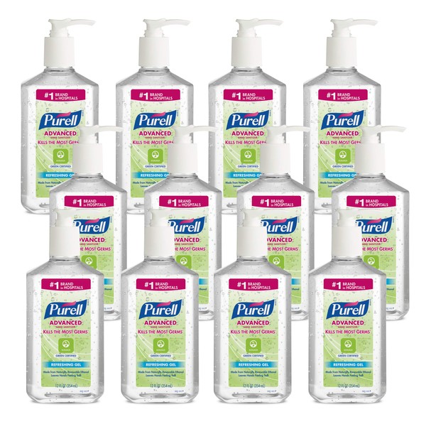 Purell Advanced Hand Sanitizer Green Certified Refreshing Gel, Fragrance Free, 12 fl oz Pump Bottle (Pack of 12) - 3691-12
