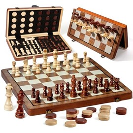 MerryPony Juego de ajedrez y damas de madera magnético 2 en 1, juego de ajedrez plegable de 15 pulgadas para adultos y niños, tablero de ajedrez con 2 reinas adicionales, juego de ajedrez de viaje con
