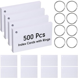 500 Pcs Index Cards with Holes Punched Lined Flash Cards with Rings Metal Rings for Index Cards Ruled Single Hole Note Cards with Rings for Adults Kids Home Classroom Office (Blank White, 3 x 5 Inch)