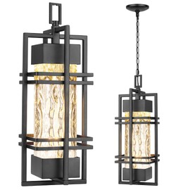 WIHTU Large Outdoor Pendant Light Fixture, Modern Hanging Lantern Ceiling Mount, Anit-Rust Waterproof Chandelier Lighting Exterior with Stone Bubble Glass for Porch, Garage, Gazebo, Patio