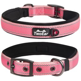 TwoEar Collar de perro resistente, cómodo, ajustable, de neopreno suave, acolchado, reflectante, con hebilla de metal para razas de perros pequeñas/medianas/grandes (L, rosa)