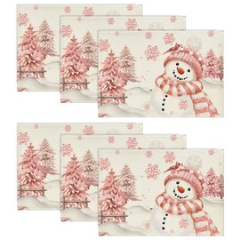 Artoid Mode Pink Snowman Pines Snowflakes Christmas Placemats Set of 6, 30 x 45 cm Seasonal Winter Xmas Kitchen Table Decoration Indoor Holiday Party
