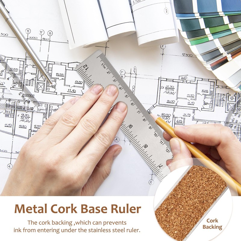 Metal Ruler 12 Inch 6 PCS Cork Backed Ruler Non