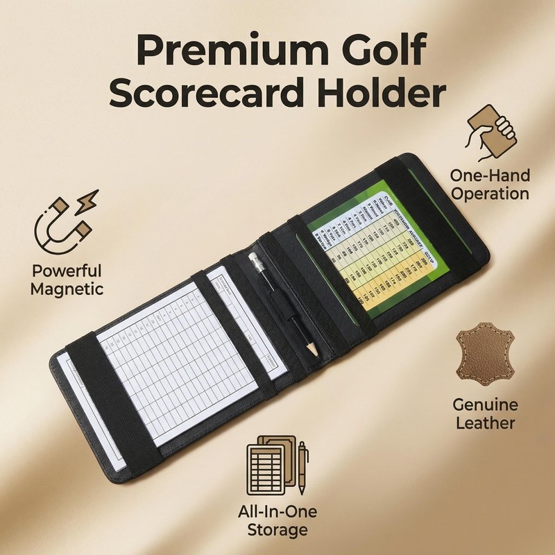 Magnetic Golf Scorecard Holder, Premium Leather Golf Yardage Book, Fits