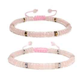 Land Long 2Pcs Rose Quartz 2x4mm Heishi Disc Adjustable Braided Bracelet for Women, Healing Stone Beaded Yoga Jewelry, Spiritual Protection Energy Crystal Gift