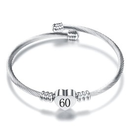 KunBead 60th Birthday Love Heart Bracelets for Women Expandable Lucky Number Age Bangle Cuff Stainless Steel Bracelet