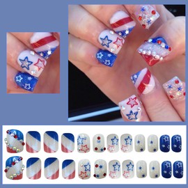4th of July Short Press on Nails Square False Nails with Rhinestone Patriotic Star Design Red White Blue Fake Nails Independence Day Full Cover Stick on Nail for Holiday Party Salon Manicure 24Pcs