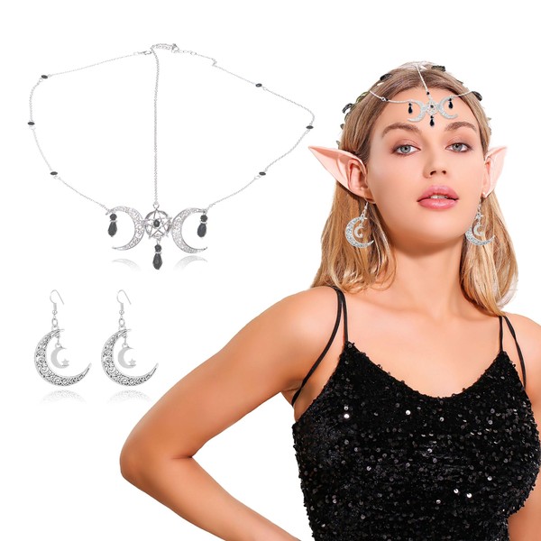 JeVenis - Tocado de luna creciente de lujo con forma de círculo, accesorio para el cabello de bruja, corona de luna, aretes de luna para Halloween