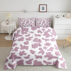 Kid Cartoon Bedding Set Purple Cow Print Down Comforter Full,Milk Cow Animal Cowhide Comforter Set Western Animals Bed Quilt for Toddler Boys Girls Farmhouse Bull Cattle Kawaii Room Decor,White