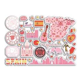 A5 Sticker Sheet Spain Pink Landmarks Vinyl Stickers - Spanish Map Airport Stamp Skyline Flag Travel Holiday Country City Aesthetic #80315