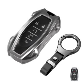 Zeunar Heavy Key Fob Cover with keychain Zinc Alloy Metal Key Fob Case Compatible with Equinox Malibu Camaro Tahoe Silverado Traverse Sonic Cruze Bolt Volt (Round leather buckle)