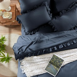Anluoer King Comforter Set 7 Piece, Navy Blue Bed in a Bag with Sheets, All Season Ruffle Shabby Chic Bedding Sets with Comforter, Pillow Shams, Pillowcases, Flat Sheet, Fitted Sheet