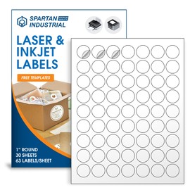 Spartan Industrial Printable Laser and Inkjet Labels - 1" White Circle Sticker Labels - 30 Sheets, 1890 Total Labels for Pricing, Product Labeling, and More