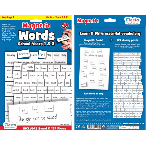 Fiesta Crafts Word Magnets for Kids - Learn to Read & Write Years 1 & 2 Learning Resources with 160 Word Pieces & Magnetic Board- Early Development & Activity Toys for 5+ Year Old Boys & Girls