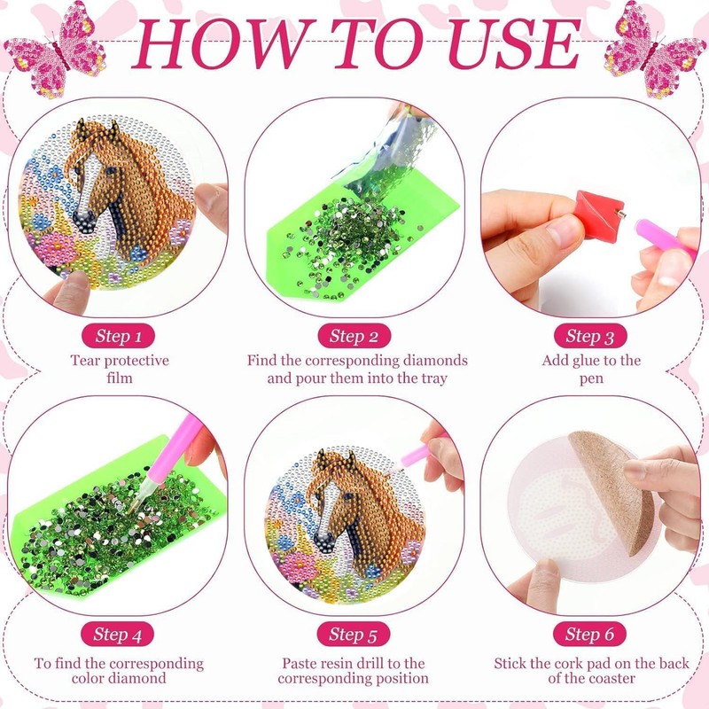 Horse Diamond Art Coaster Set, 8 Pieces with Holder and