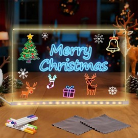 Led Drawing Board, LED Note Board with Colors, Light Up Acrylic Message Board,12" x 8" Light Up Clear Board, Acrylic Dry Erase Board with Light, Christmas Gift, 7 Colors Pen