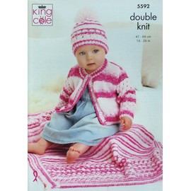 King Cole 5592 Knitting Pattern Baby and Childrens Cardigan Hat and Blanket in Stripe DK